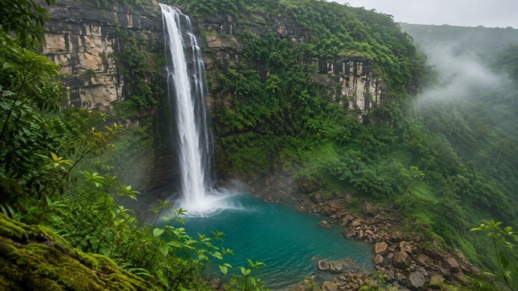 Monsoon in Meghalaya 2026,
Dainthlen Falls, Dainthlen Falls in Cherrapunji during the Monsoon in Meghalaya, surrounded by lush green hills and dramatic rocky cliffs,