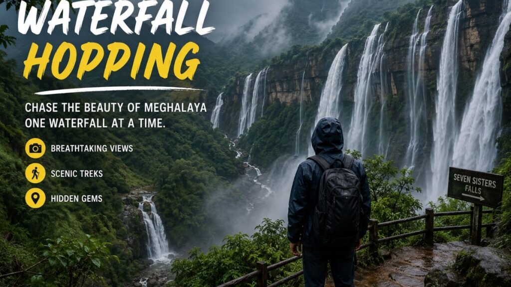 Monsoon in Meghalaya 2026,
Waterfall Hopping, Lush green waterfall trail in Meghalaya's rainy season,