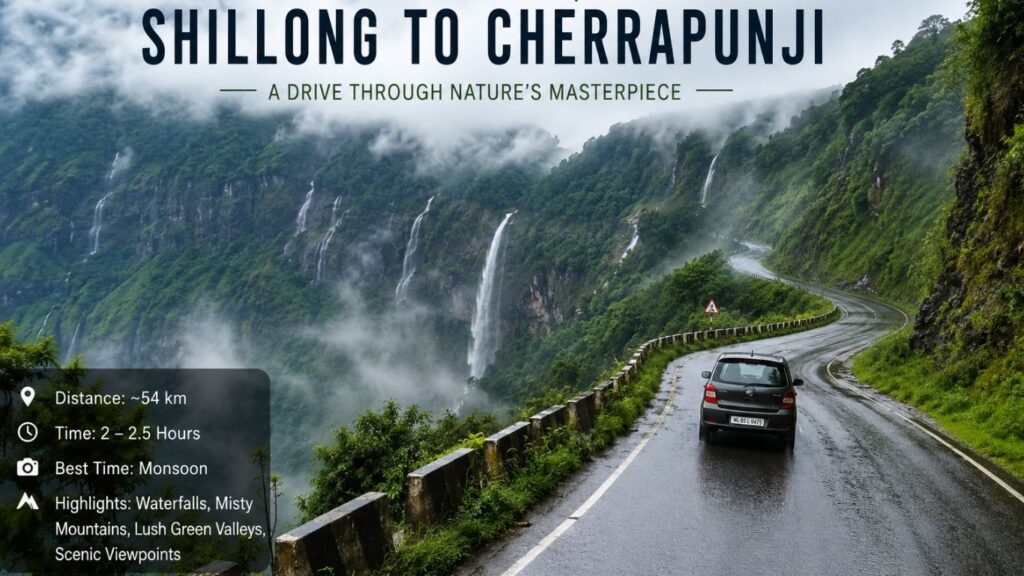 Scenic Road Trips,
Monsoon in Meghalaya 2026, Scenic road trip through the misty hills and lush green landscapes of Meghalaya during the monsoon season,