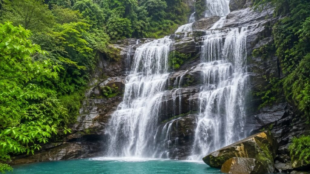Monsoon in Meghalaya 2026,
Phe Phe Falls, Scenic view of Phe Phe Falls in Meghalaya with crystal-clear cascading water,