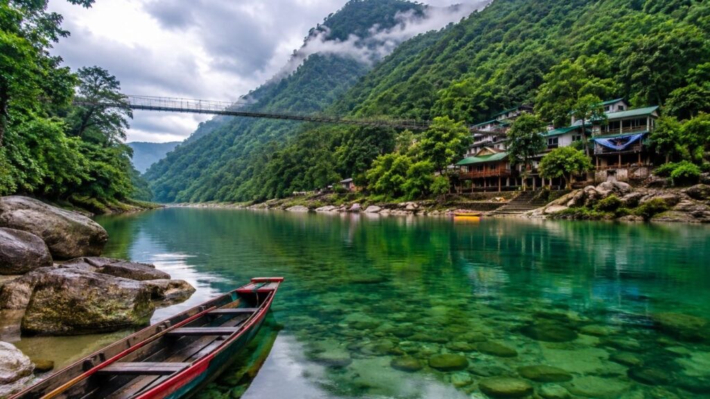 Monsoon in Meghalaya 2026,
Shnongpdeng, Crystal-clear Umngot River flowing through Shnongpdeng, Meghalaya,