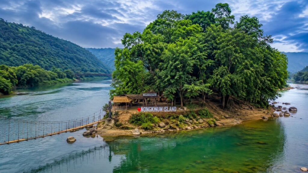 Monsoon in Meghalaya 2026,
Nongkhnum Island, Scenic view of Nongkhnum Island, one of the largest river islands in Meghalaya,