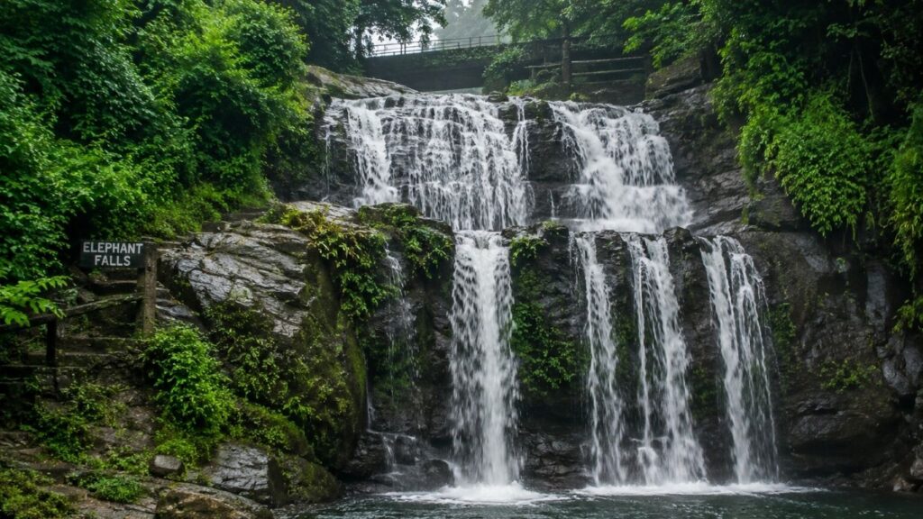 Monsoon in Meghalaya 2026,
Elephant Falls, Roaring Elephant Falls in Shillong with vibrant monsoon scenery,