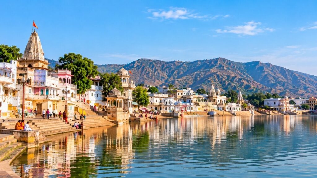 Best Places to Visit in Pushkar, pushkar lake rajasthan sacred ghats,
Pushkar Lake surrounded by sacred ghats and temples in Rajasthan,
